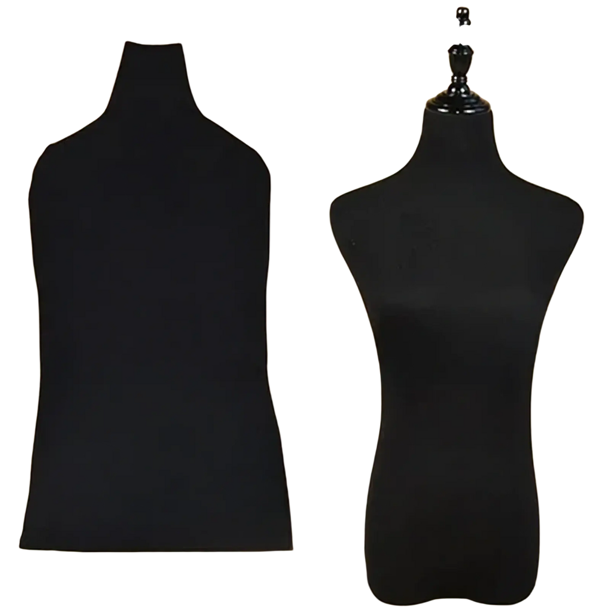 Black velvet mannequin body cover dress form with sleek cotton torso and glossy black headpiece for display