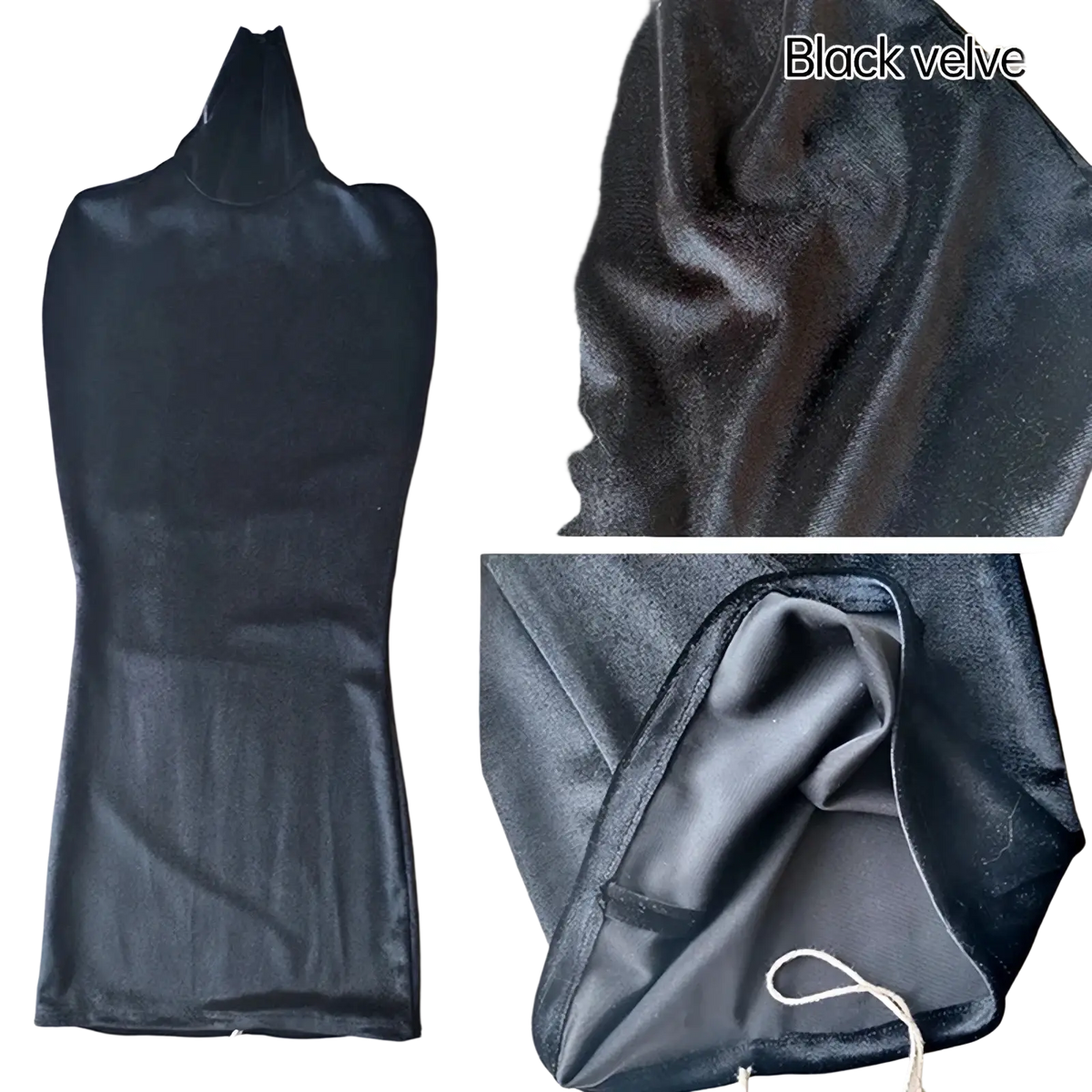 Black velvet high-neck body cover dress form display with sleek silhouette and satin-lined interior