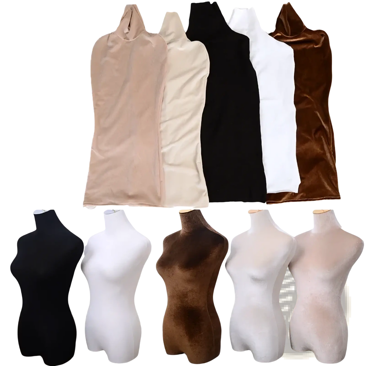 A collection of five high-necked form-fitting velvet mannequin body cover dress forms in beige cream black white and brown