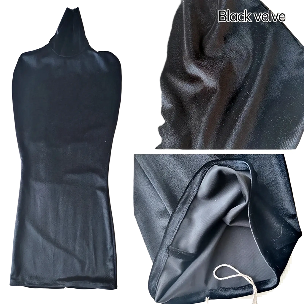 Black velvet high-neck body cover dress form display with sleek silhouette and satin-lined interior