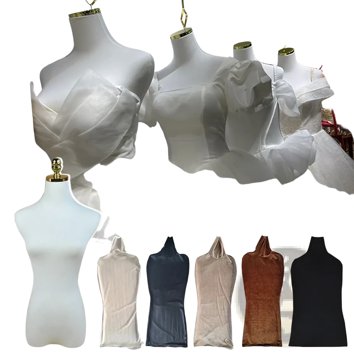 White matte-finish velvet mannequin body cover dress form with a gold-toned neck collar for display use