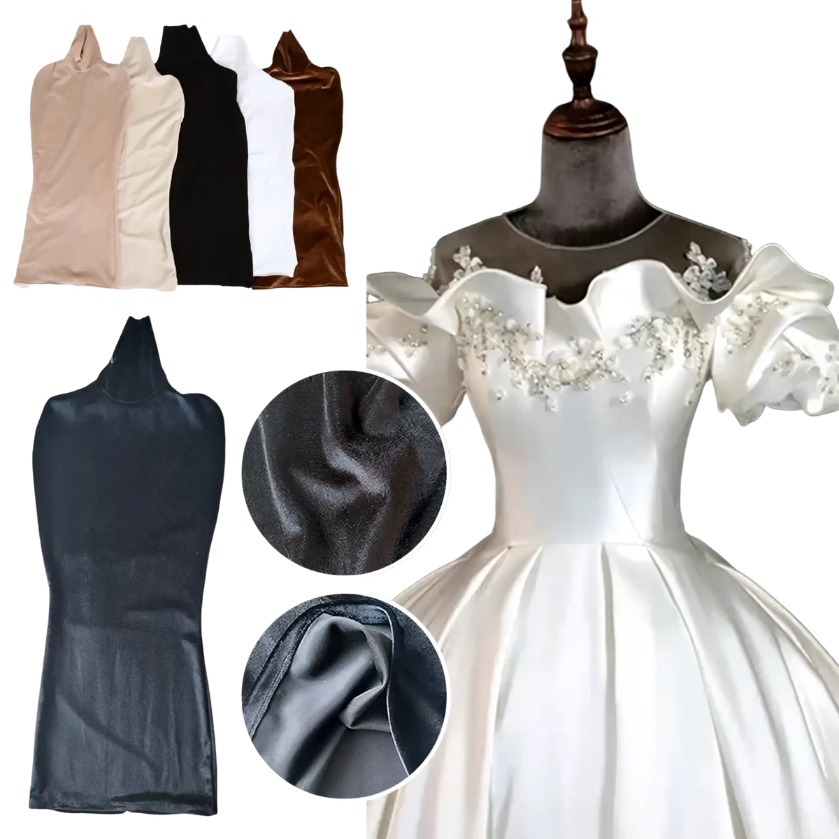 White satin wedding gown with beaded embellishments and puffed sleeves displayed on velvet mannequin dress form