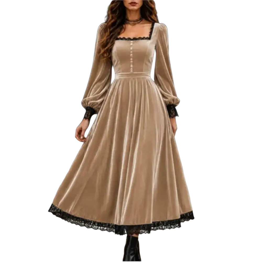 Beige velvet midi dress with black lace trim at neckline cuffs and hem featuring puff sleeves