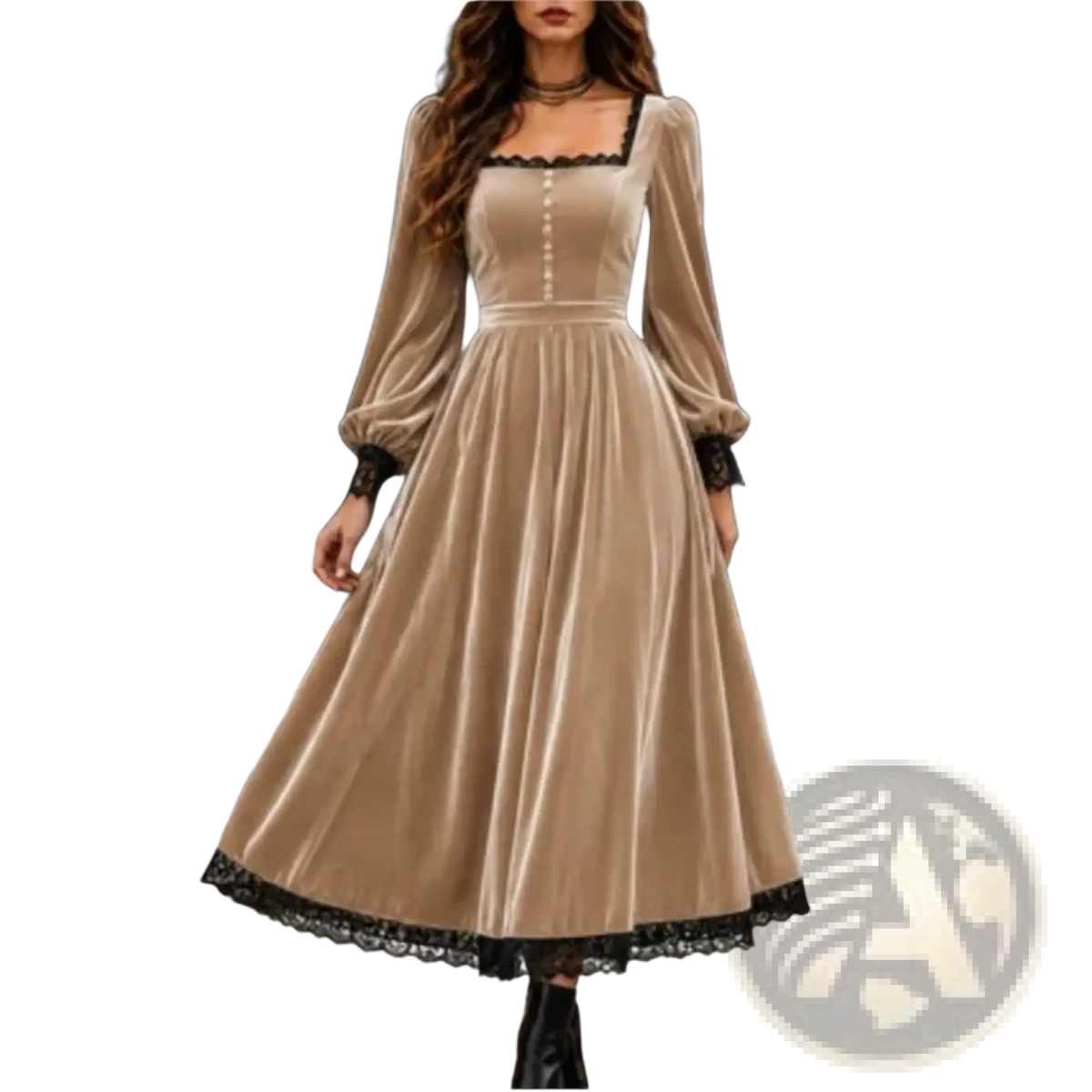 Beige velvet midi dress with black lace trim at neckline cuffs and hem featuring puff sleeves