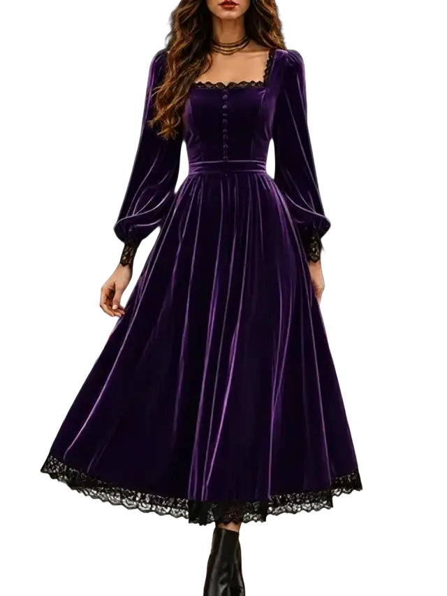 A deep purple velvet midi dress with puff sleeves and black lace trim at cuffs and hem