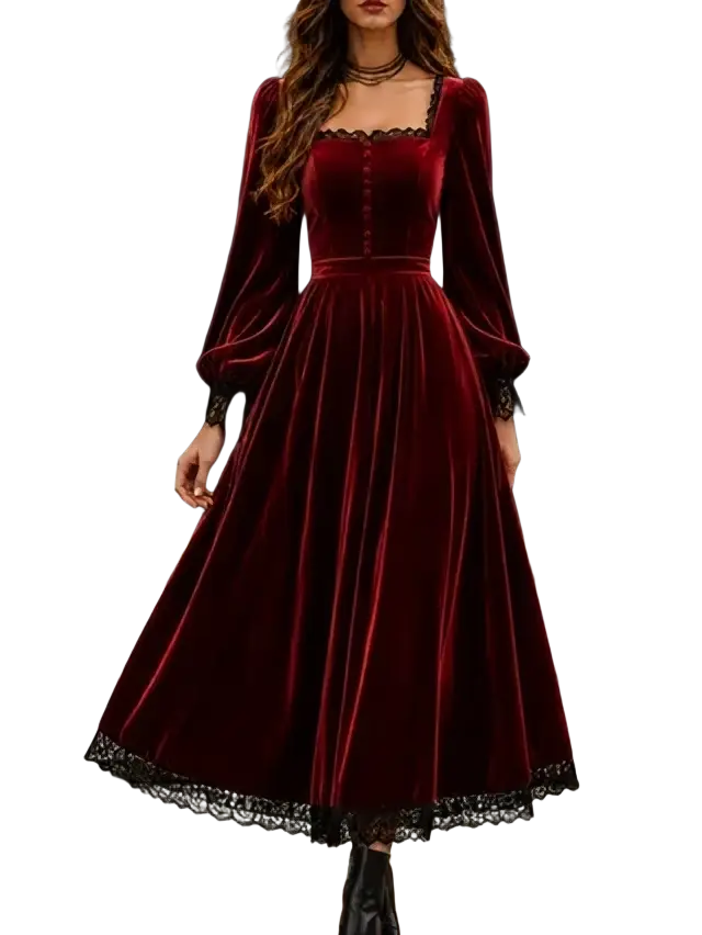 A rich burgundy velvet midi dress with long puff sleeves and black lace trim on neckline cuffs and hem