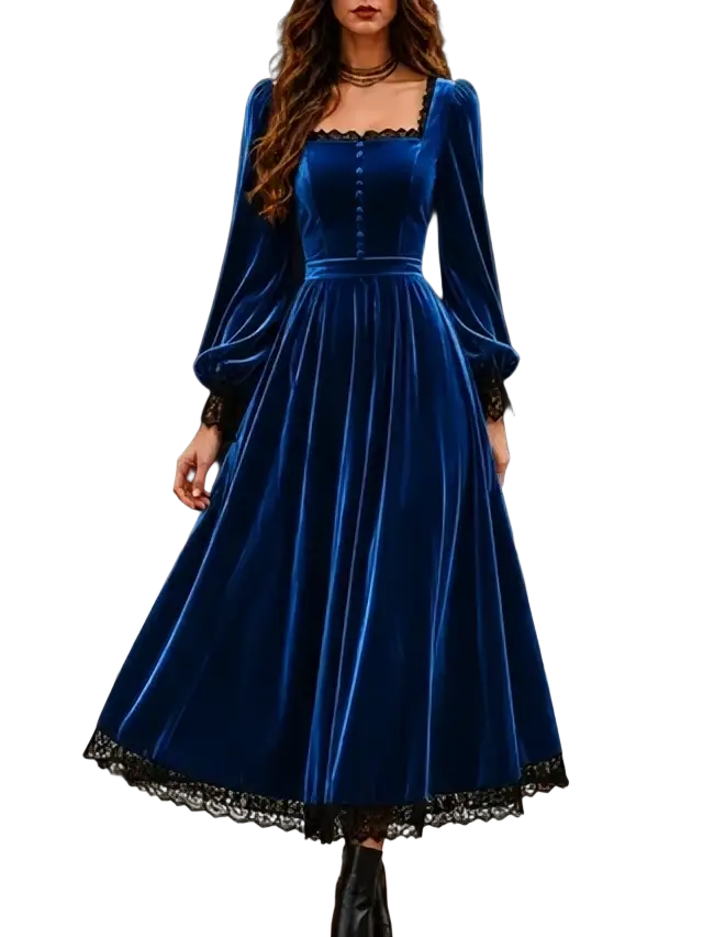 A rich royal blue velvet midi dress with long puffed sleeves and black lace trim on hem and cuffs