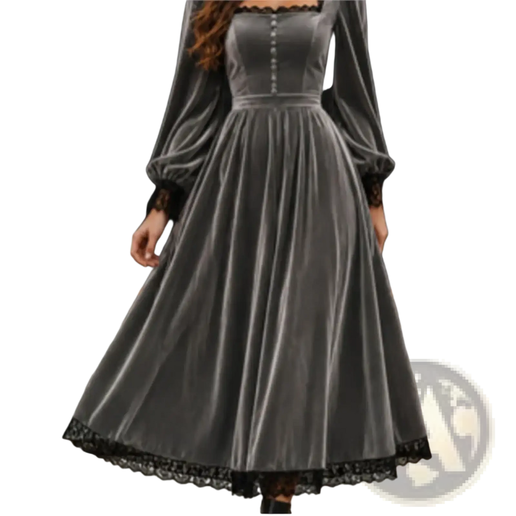 A sophisticated gray velvet midi dress with long puffed sleeves, black lace square neckline, and fitted waist flare skirt