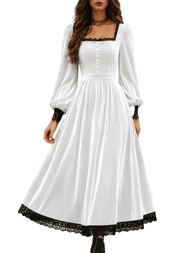 White velvet midi dress with puff sleeves and black lace trim at neckline cuffs and hem