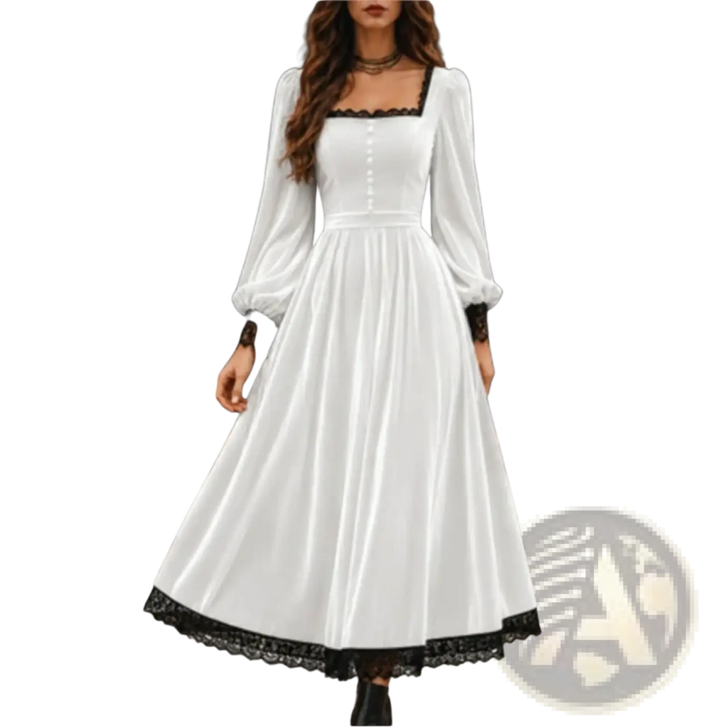 White satin velvet midi dress with black lace trim at neckline cuffs and hem featuring puff sleeves