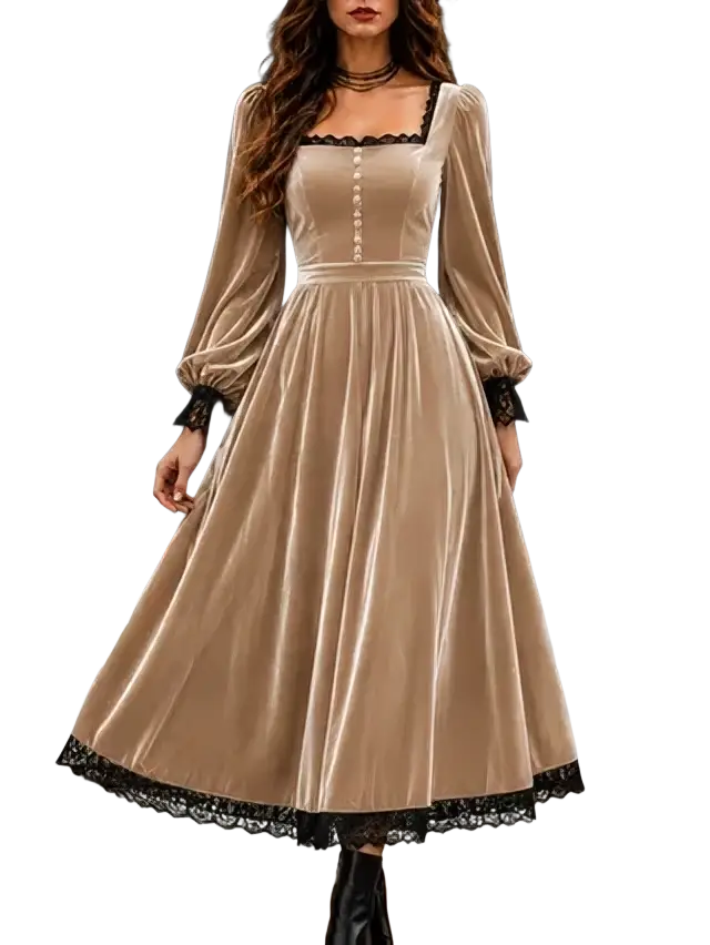 A woman wears a beige velvet midi dress with black lace trim and puff sleeves in an elegant design