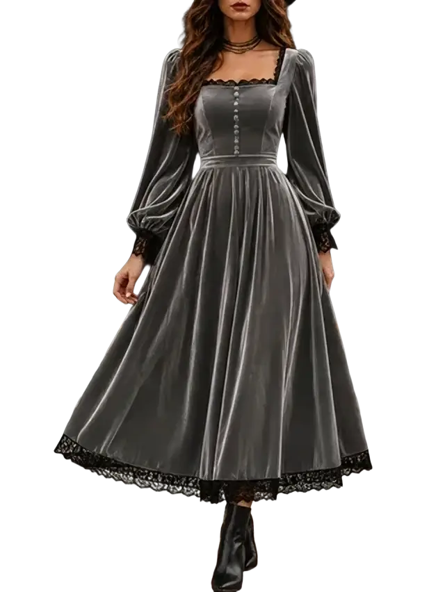 A woman wears a long grey velvet midi dress with black lace trim at the neckline and hem and puff sleeves