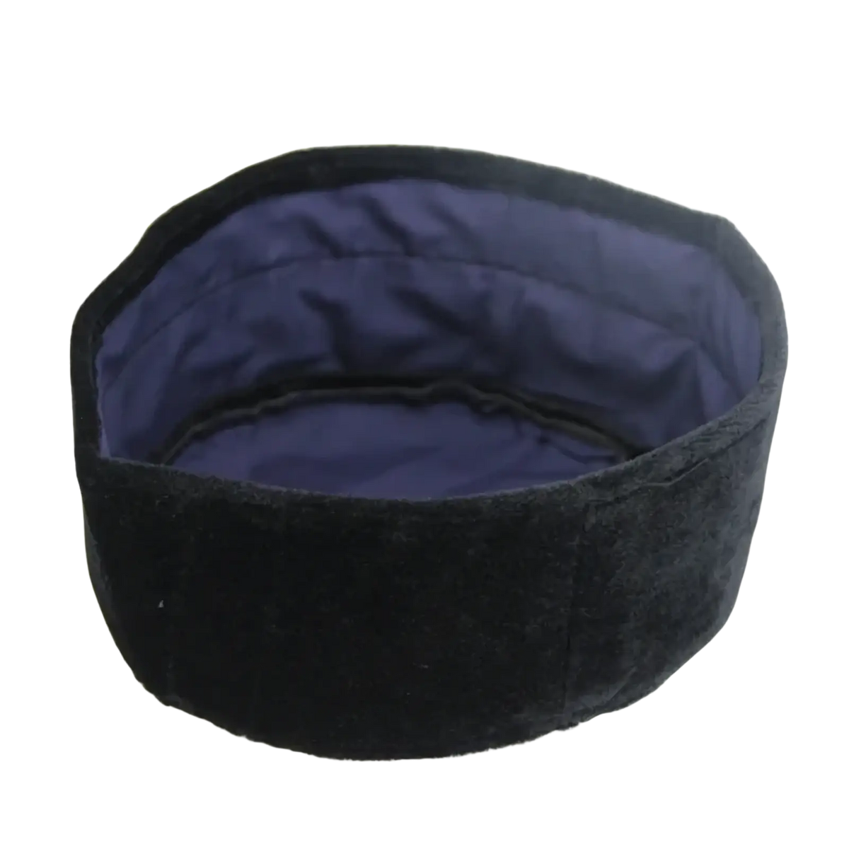 Black velvet Muslim prayer hat with plush navy blue interior lining for winter warmth and Islamic use