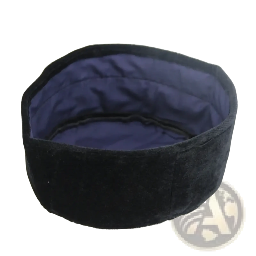 Black velvet Muslim prayer hat with plush navy blue interior lining for winter warmth and Islamic use