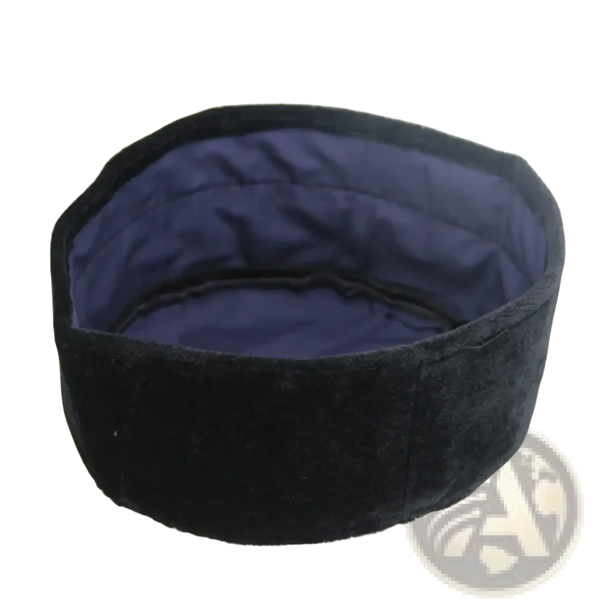 Black velvet Muslim prayer hat with plush navy blue interior lining for winter warmth and Islamic use