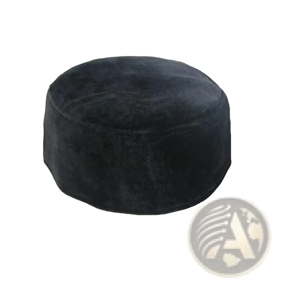 Black velvet muslim prayer hat with soft plush texture and rounded cylindrical shape for winter warmth