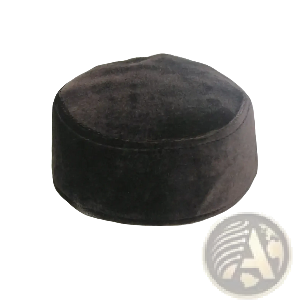 Dark brown soft velvet muslim prayer hat with rounded crown and curved brim for winter warmth and islamic use