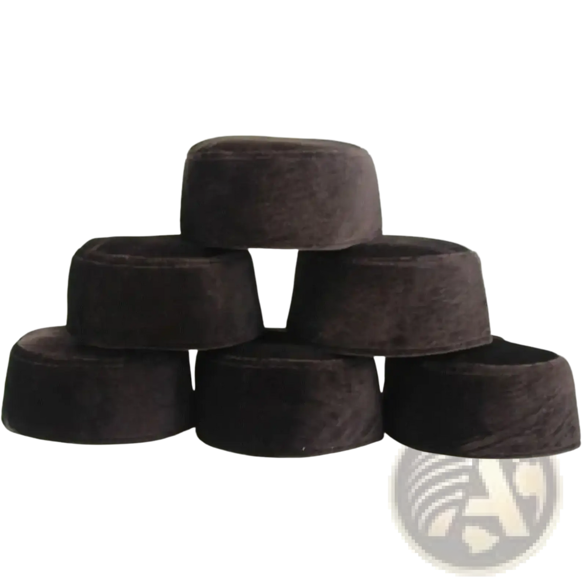 Stack of dark brown velvet cylindrical Muslim prayer hats winter warm Islamic caps for cold weather use