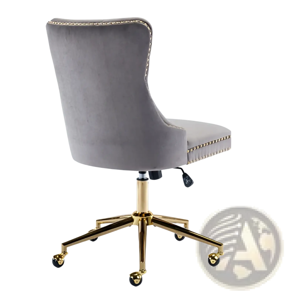 Gray velvet tufted office chair with gold-tone metal swivel base and casters for stylish workspace seating