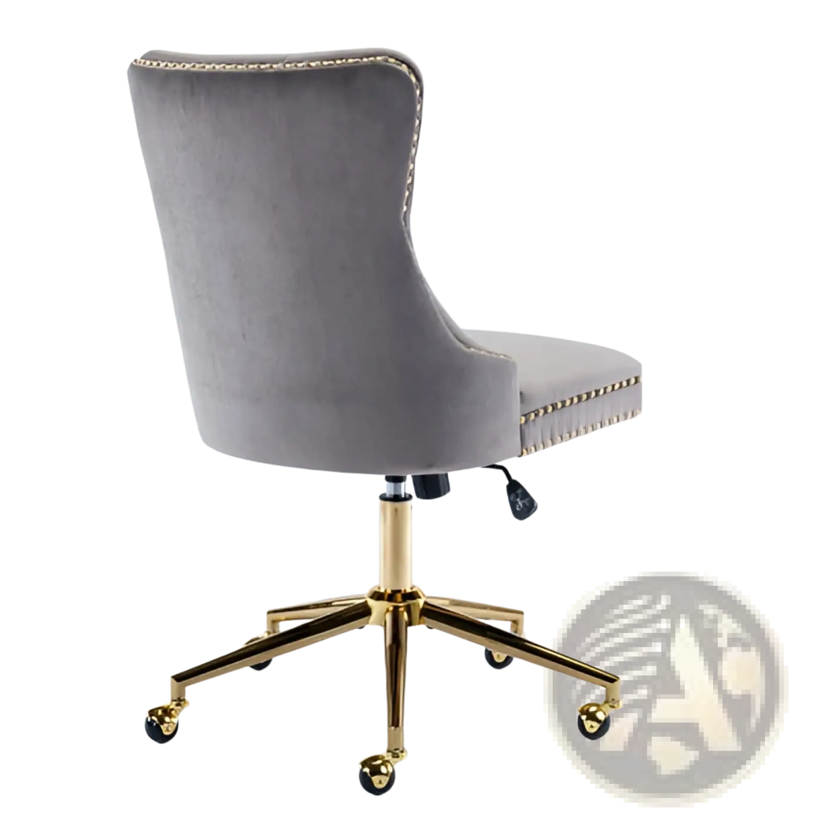Gray velvet tufted office chair with gold-tone metal swivel base and casters for stylish workspace seating