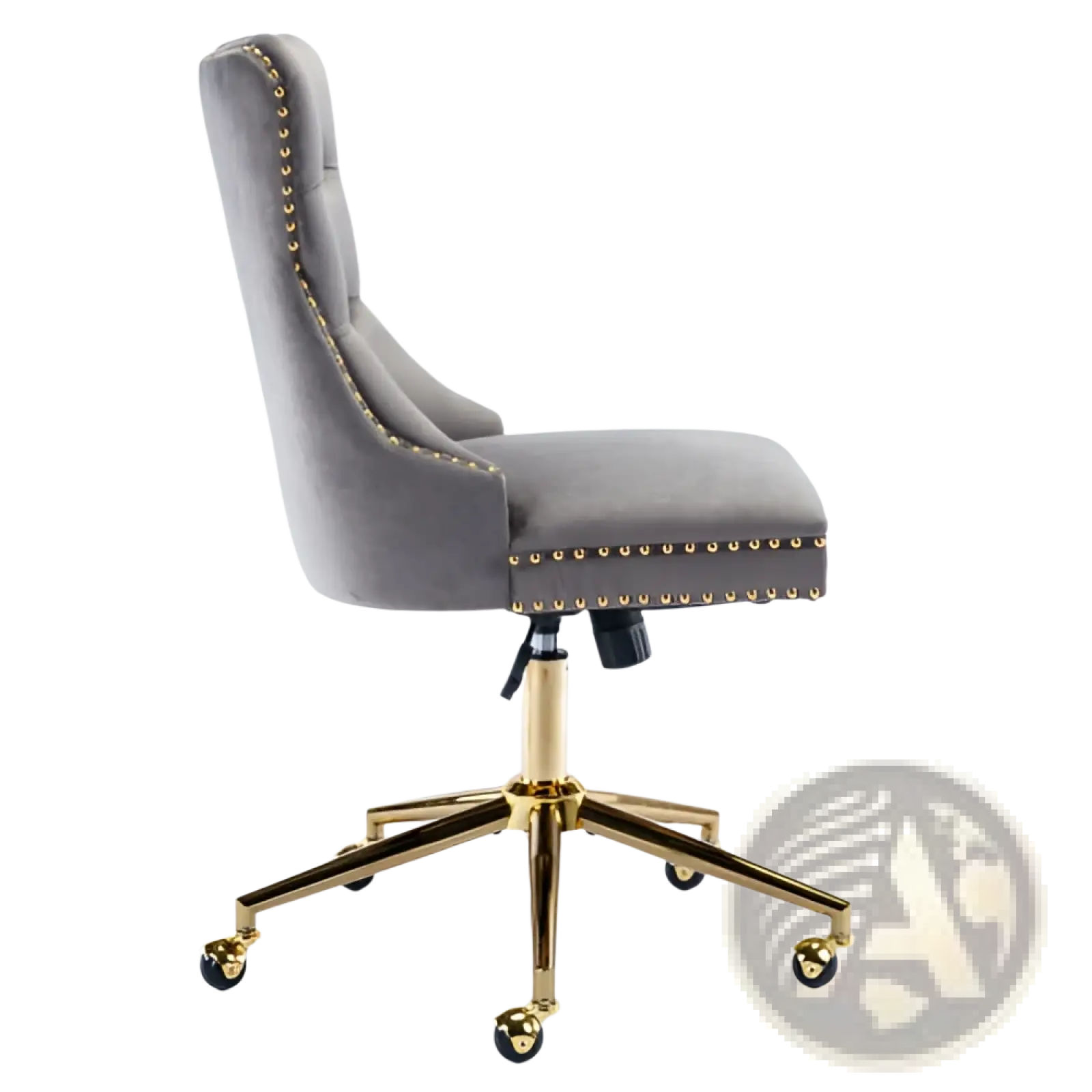 Gray velvet office chair tufted with gold-tone nailhead trim and a gold five-star swivel base for office use