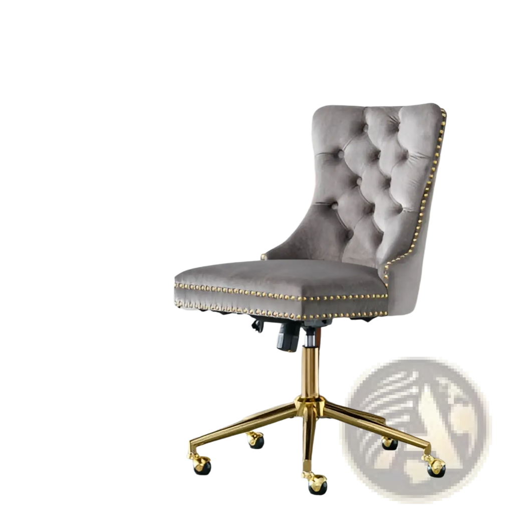 Gray tufted velvet office chair with gold-tone nailhead trim and five-star swivel base for professional use