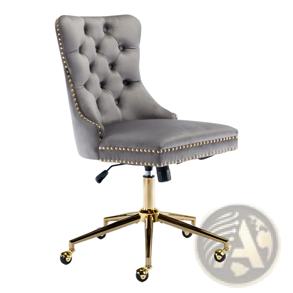Velvet office chair tufted gray with gold-tone nailhead trim and five-star base swivel for office use