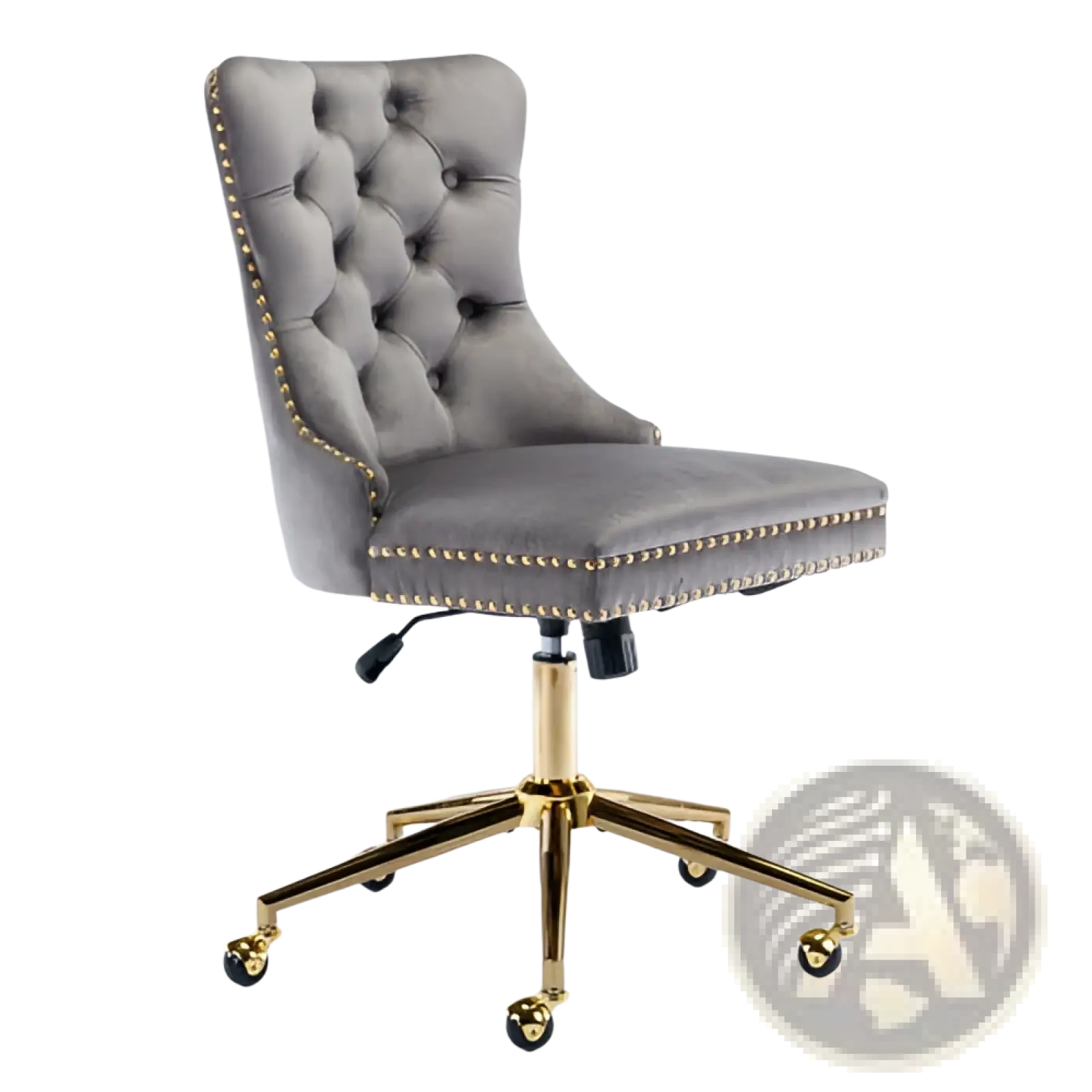 Velvet office chair tufted gray with gold-tone nailhead trim and five-star base swivel for office use