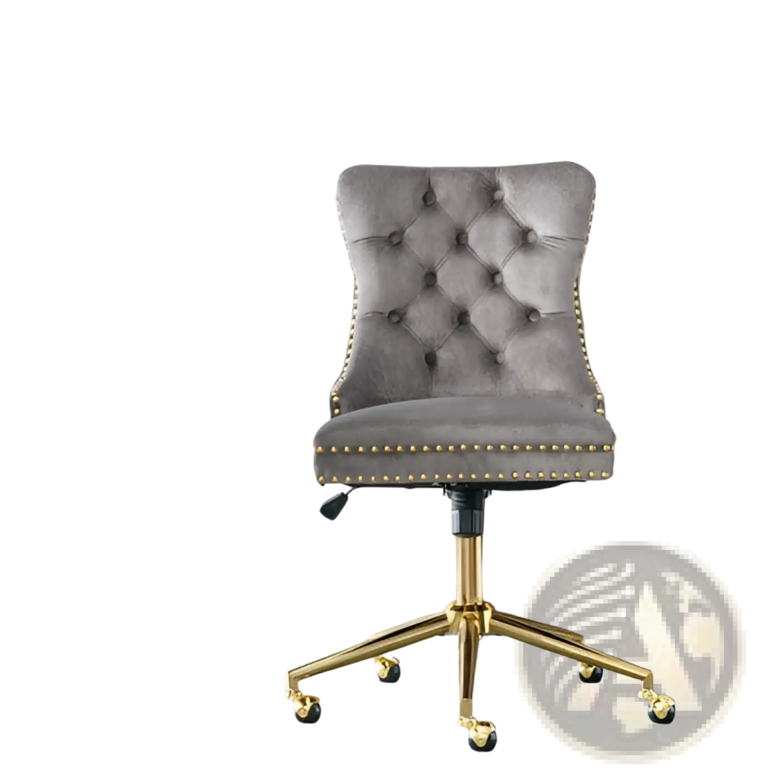 Gray tufted velvet office chair with gold tone metal swivel base and nailhead trim for elegant workspace seating