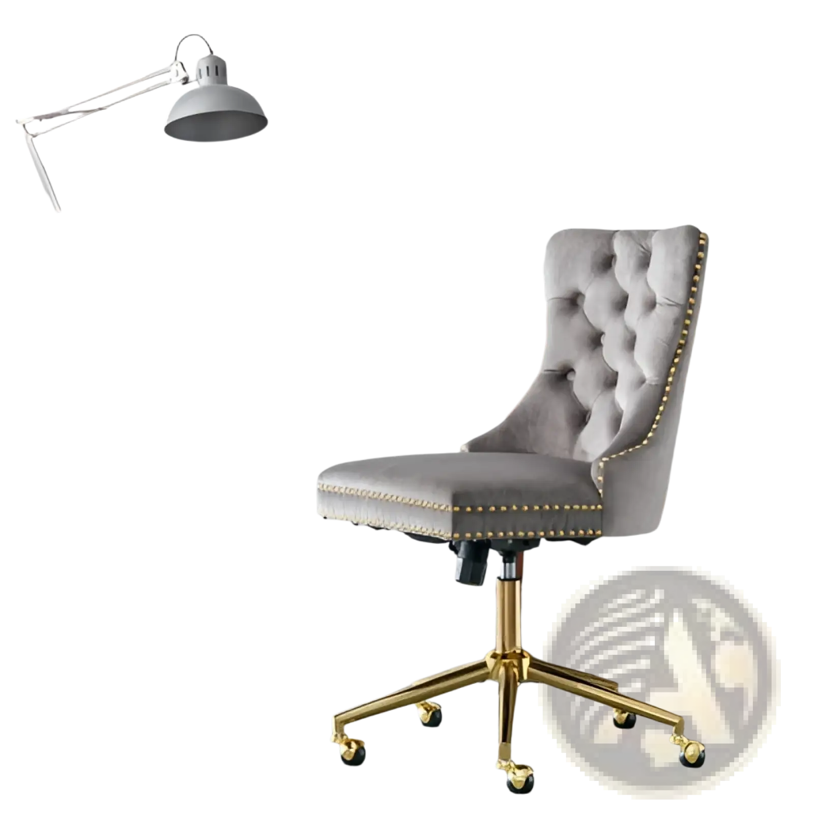 Velvet office chair tufted gray with gold-tone metal base nailhead trim swivel for stylish workspace seating