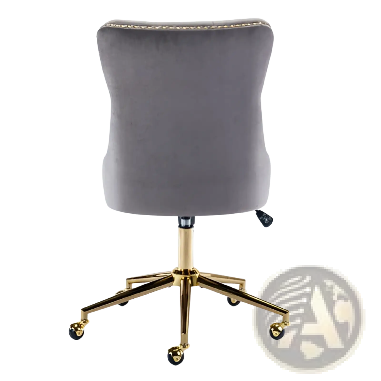 Gray velvet tufted office chair with gold-tone metal base and casters for swivel seating in office spaces