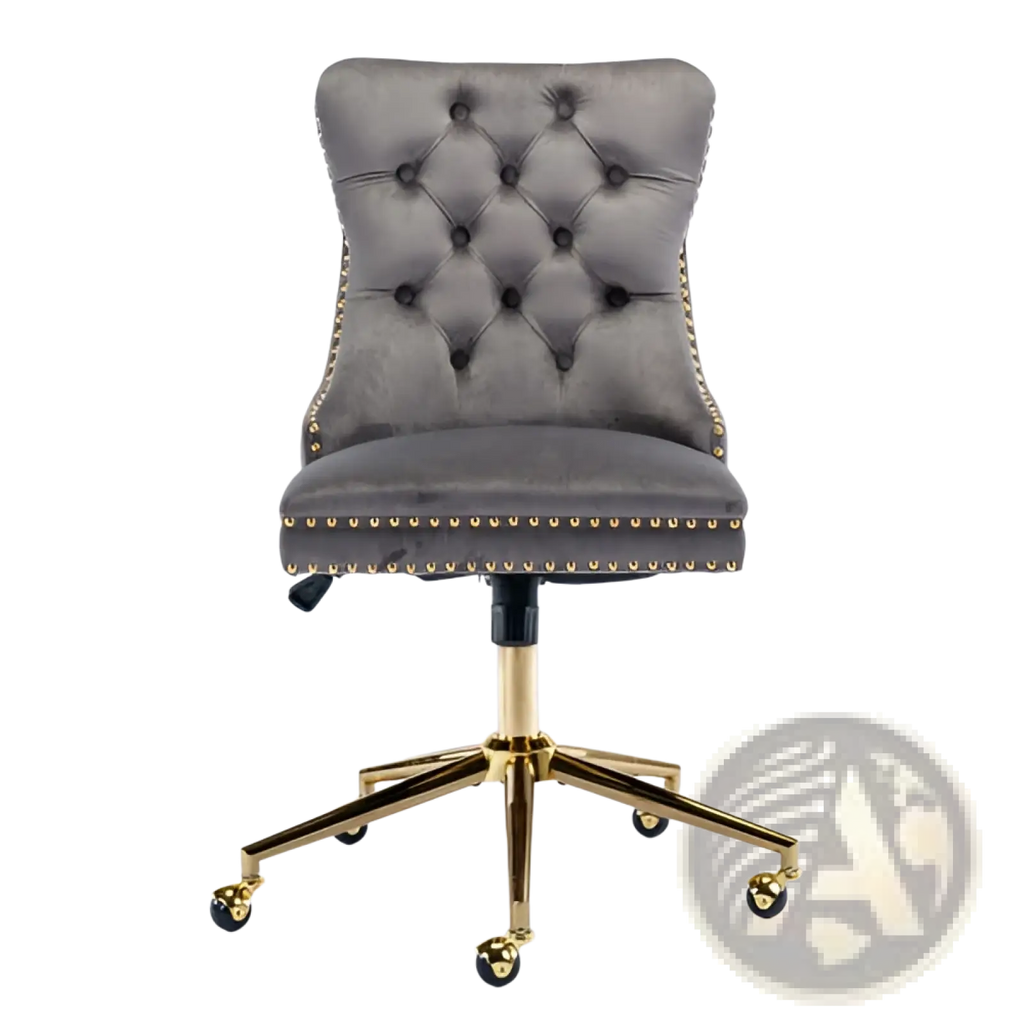 Velvet office chair tufted gray with gold tone metal base and casters for swivel seating in office settings