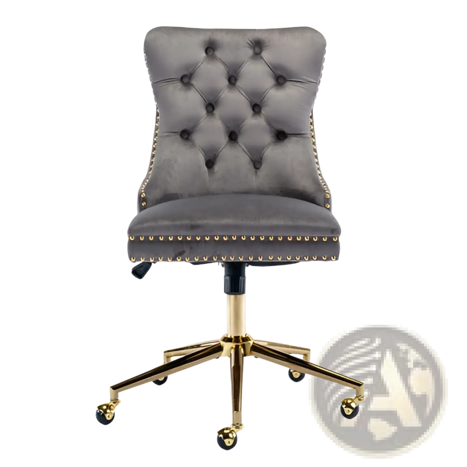 Velvet office chair tufted gray with gold tone metal base and casters for swivel seating in office settings