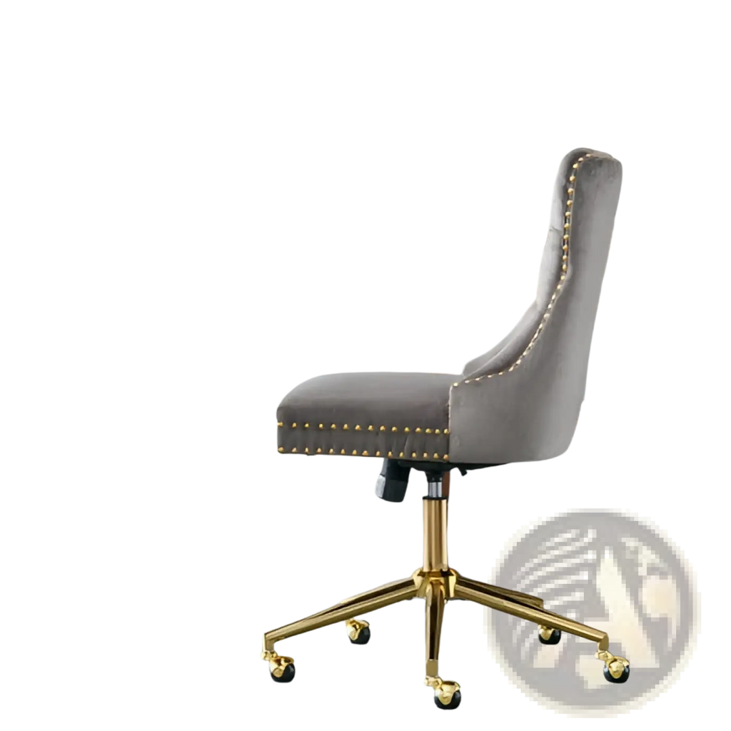 Gray velvet office chair with gold-tone metal frame and decorative nailhead trim for swivel office use
