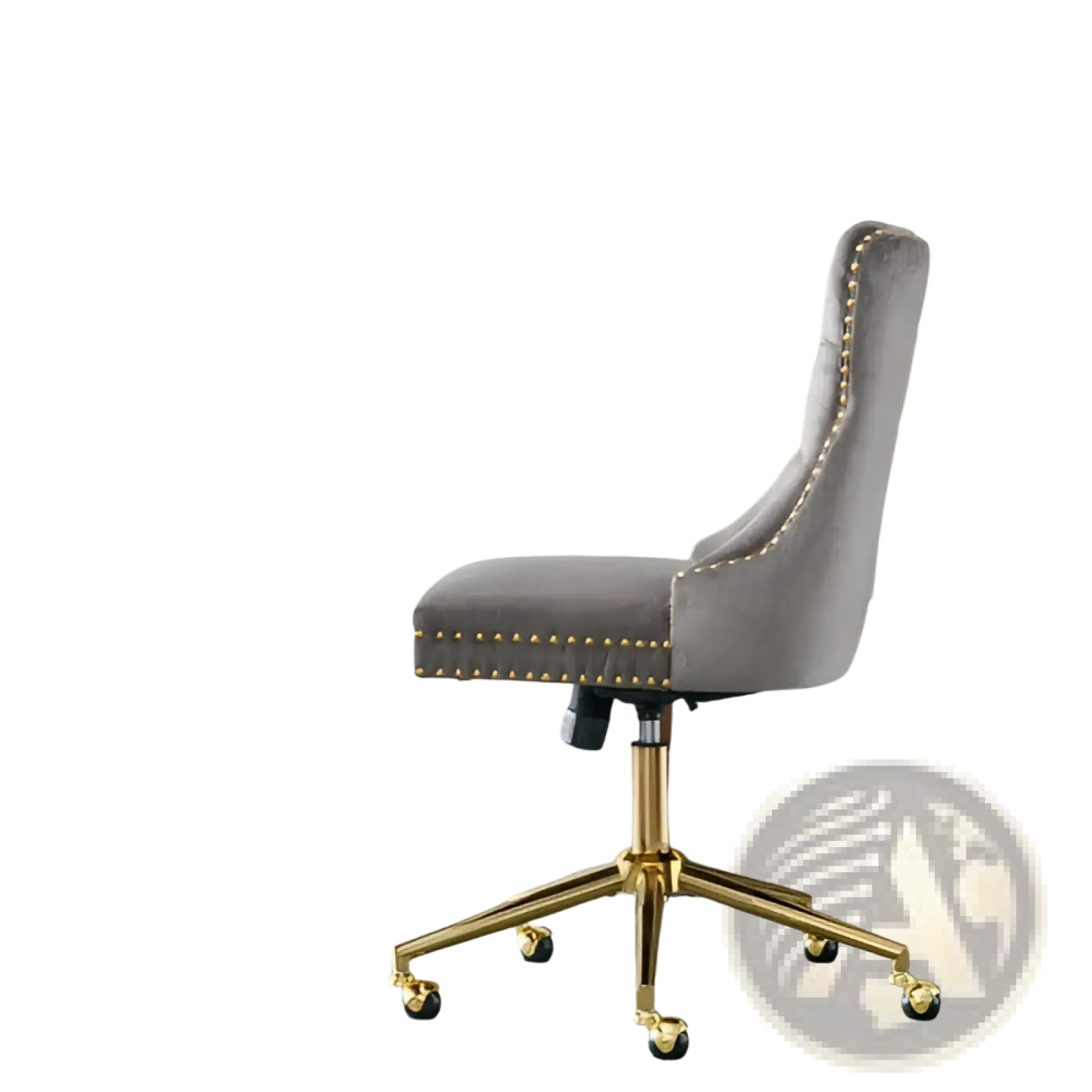 Gray velvet office chair with gold-tone metal frame and decorative nailhead trim for swivel office use