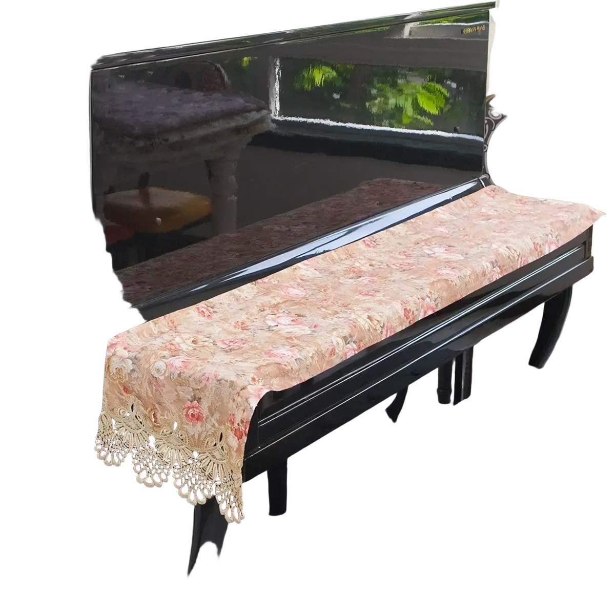 Beige floral lace velvet piano keyboard dust cover with delicate scalloped edge for 88 keys piano