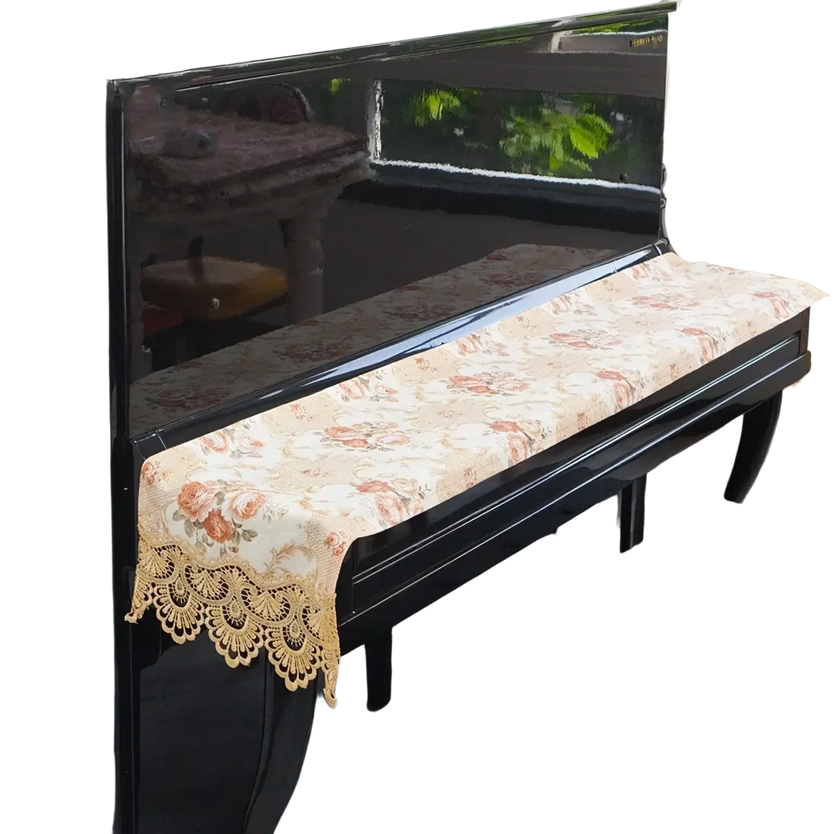 Beige floral-patterned velvet piano keyboard dust cover with delicate gold lace trim for 88 keys