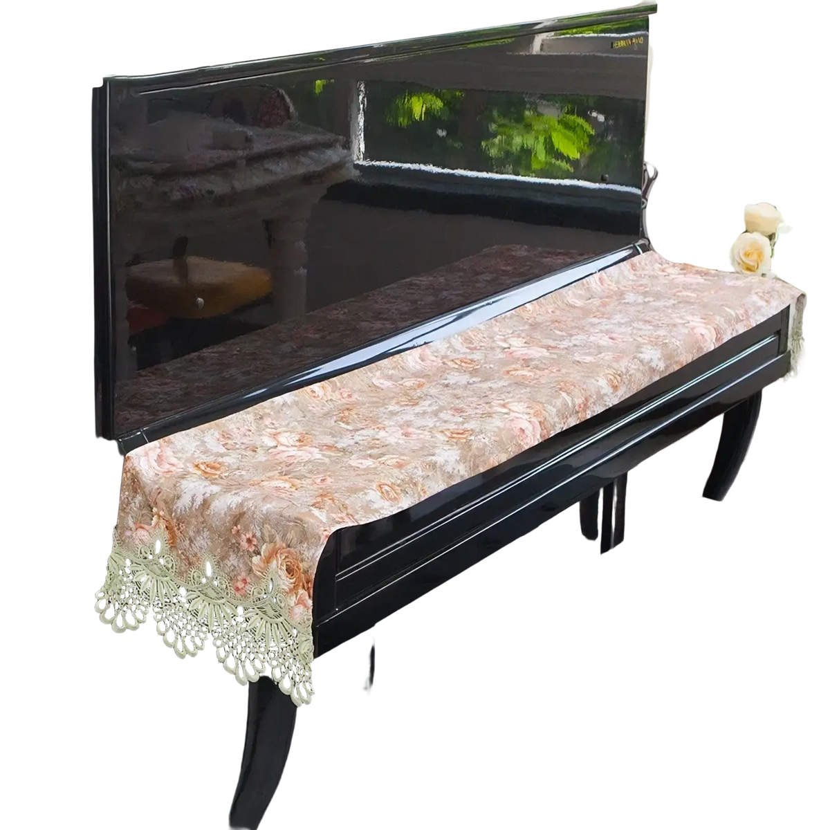 Beige velvet piano keyboard dust cover with delicate floral pattern and lace trim for 88 keys