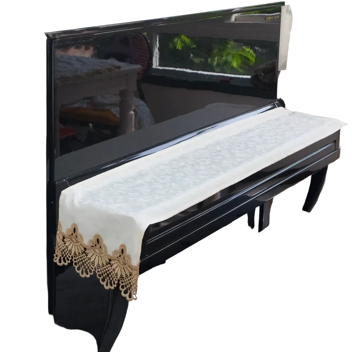 Velvet piano keyboard dust cover 88 keys in delicate ivory lace with ornate gold crochet trim along the edge
