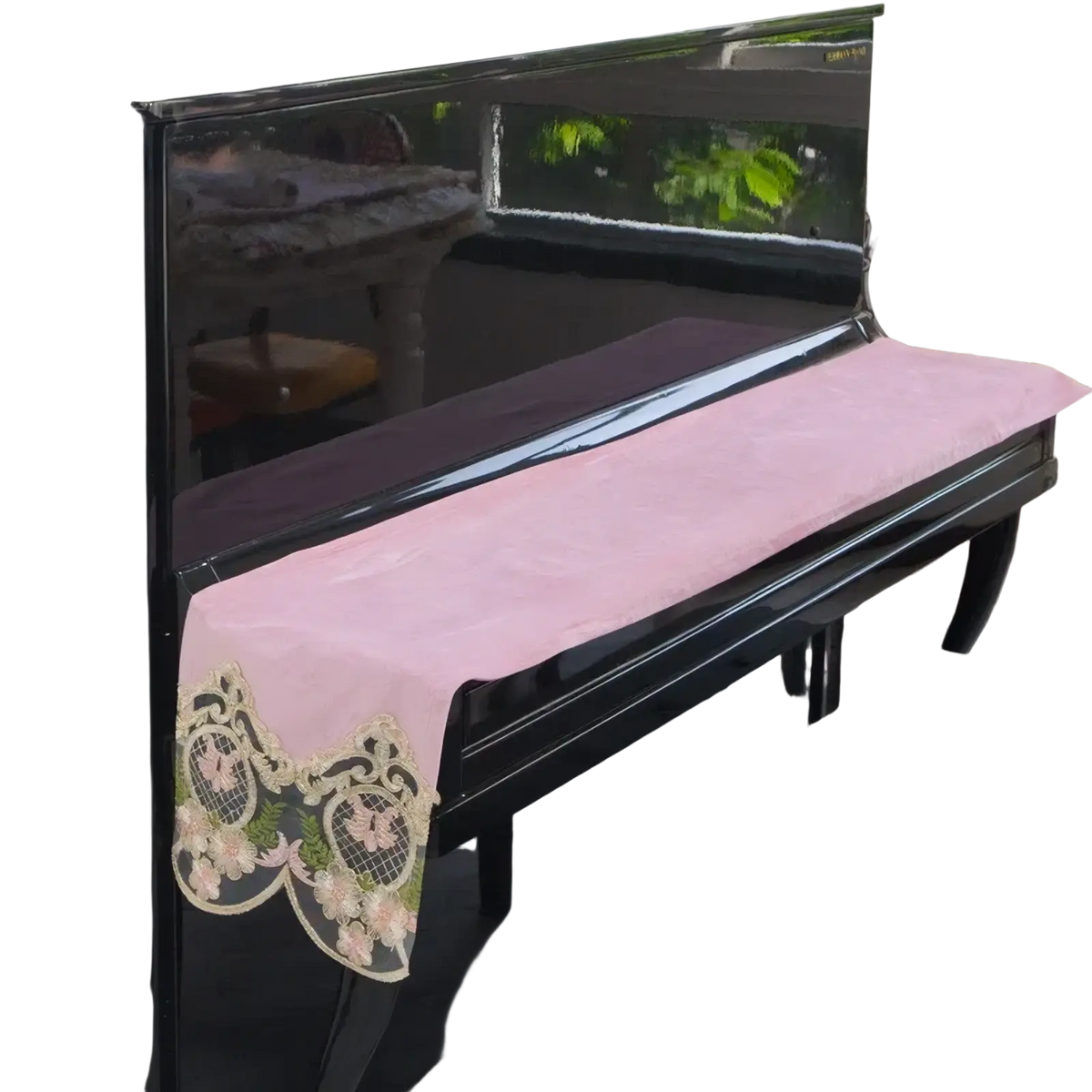 Delicate pink velvet piano keyboard dust cover with intricate floral embroidery and lace detailing for 88 keys