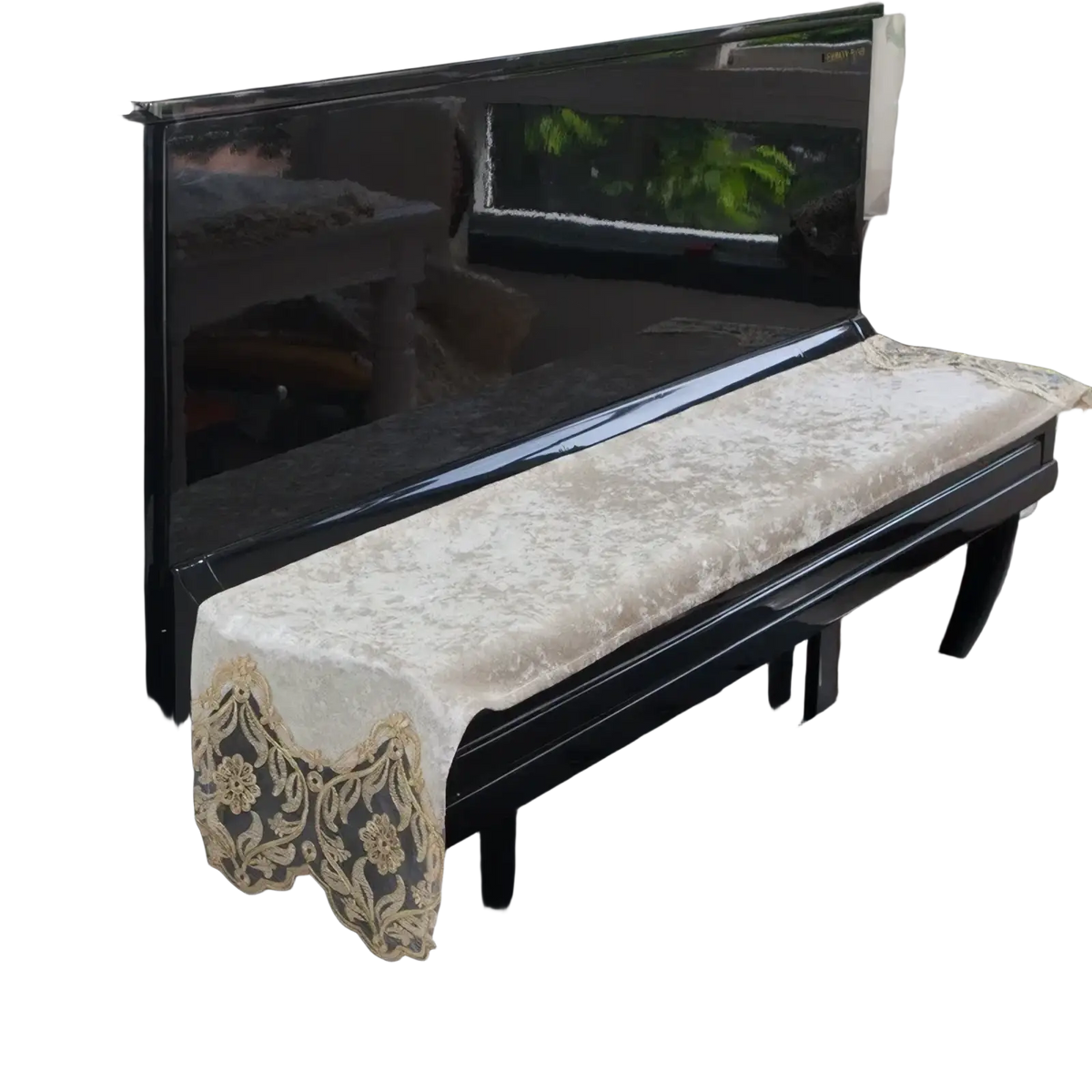 Elegant cream-colored lace velvet piano keyboard dust cover with intricate gold embroidery and scalloped edges for 88 keys