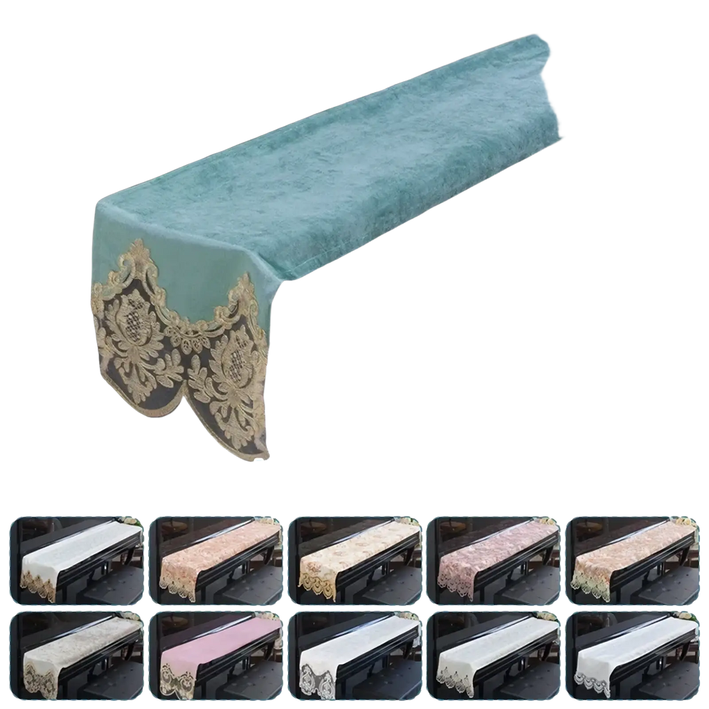 Teal velvet piano keyboard dust cover with gold lace trim designed for 88 keys protection and elegance