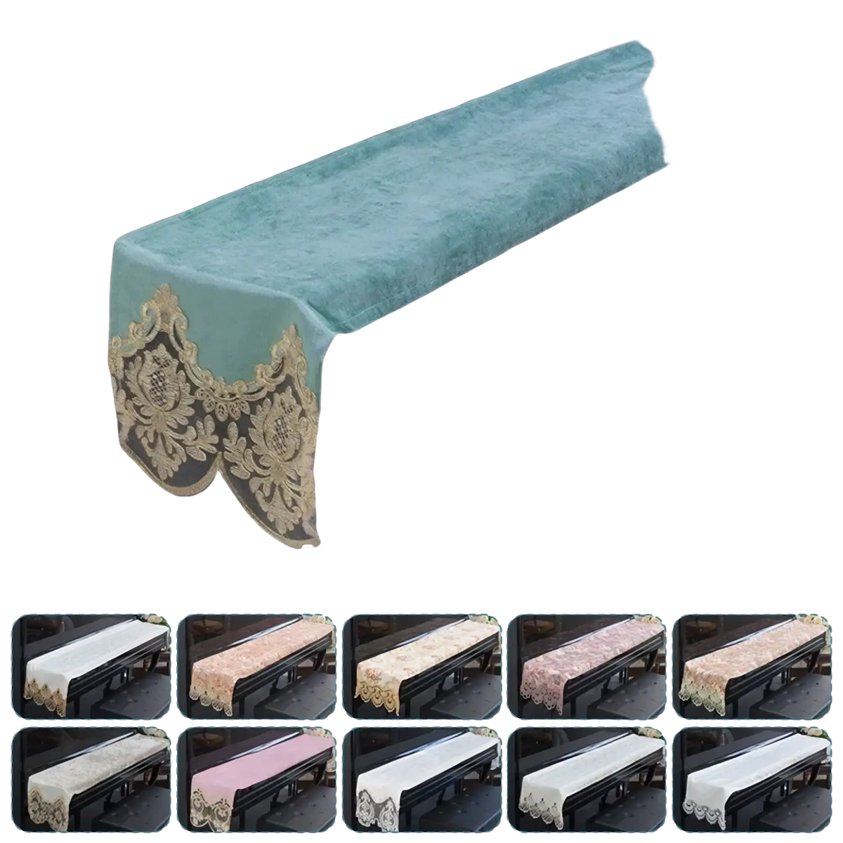 Teal velvet piano keyboard dust cover with gold lace trim designed for 88 keys protection and elegance