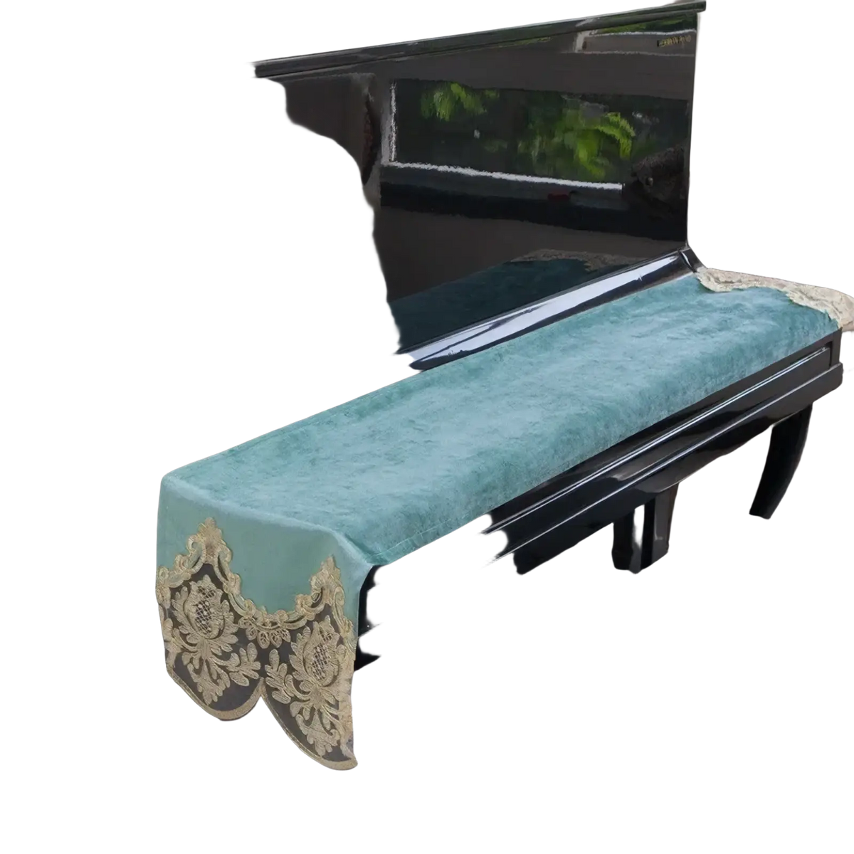 Teal velvet piano keyboard dust cover with gold lace trim designed for 88 keys protection and style