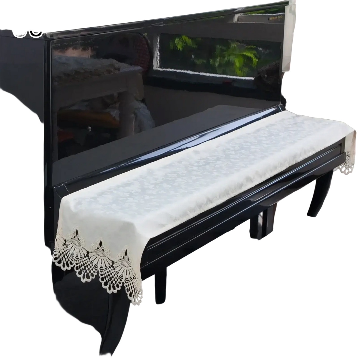 Velvet piano keyboard dust cover 88 keys with white lace, delicate scalloped edges, and intricate embroidery