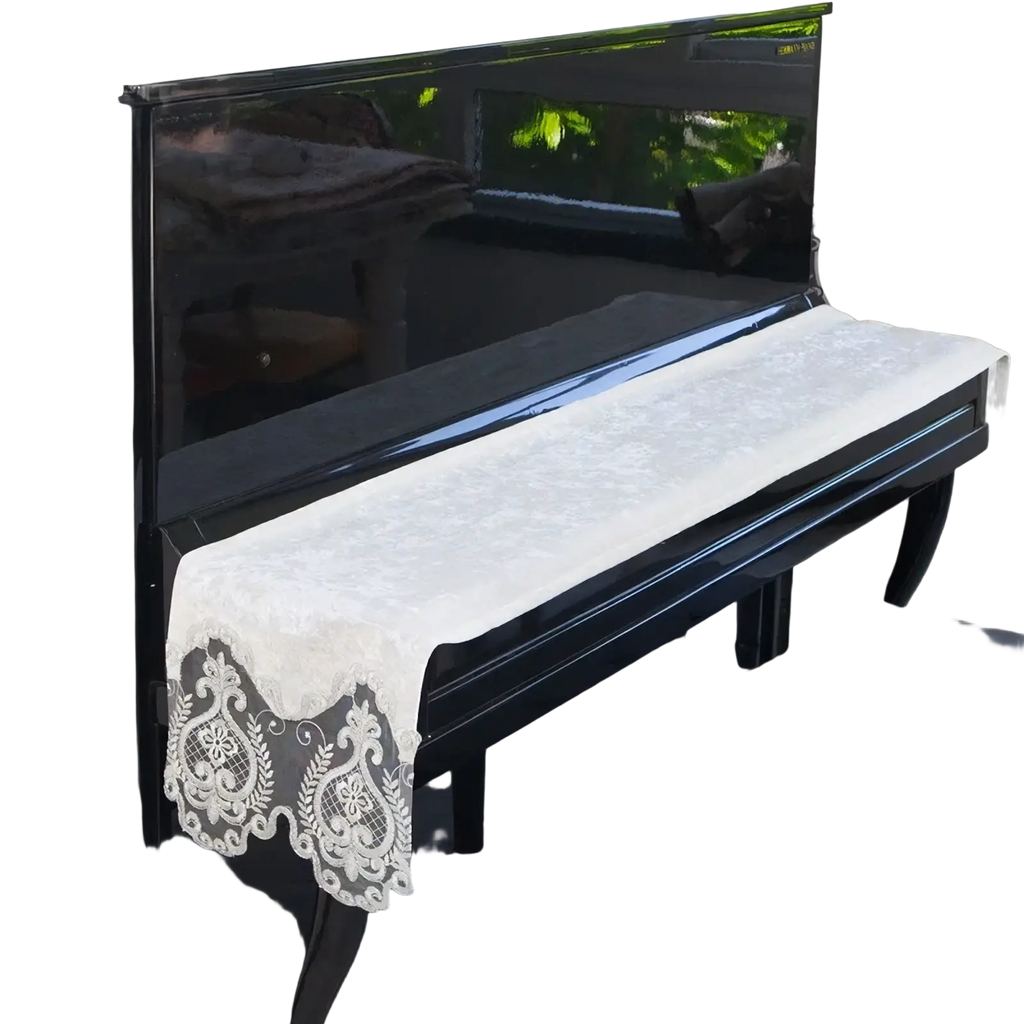 Velvet piano keyboard dust cover for 88 keys with white lace, intricate floral embroidery, and scalloped edges