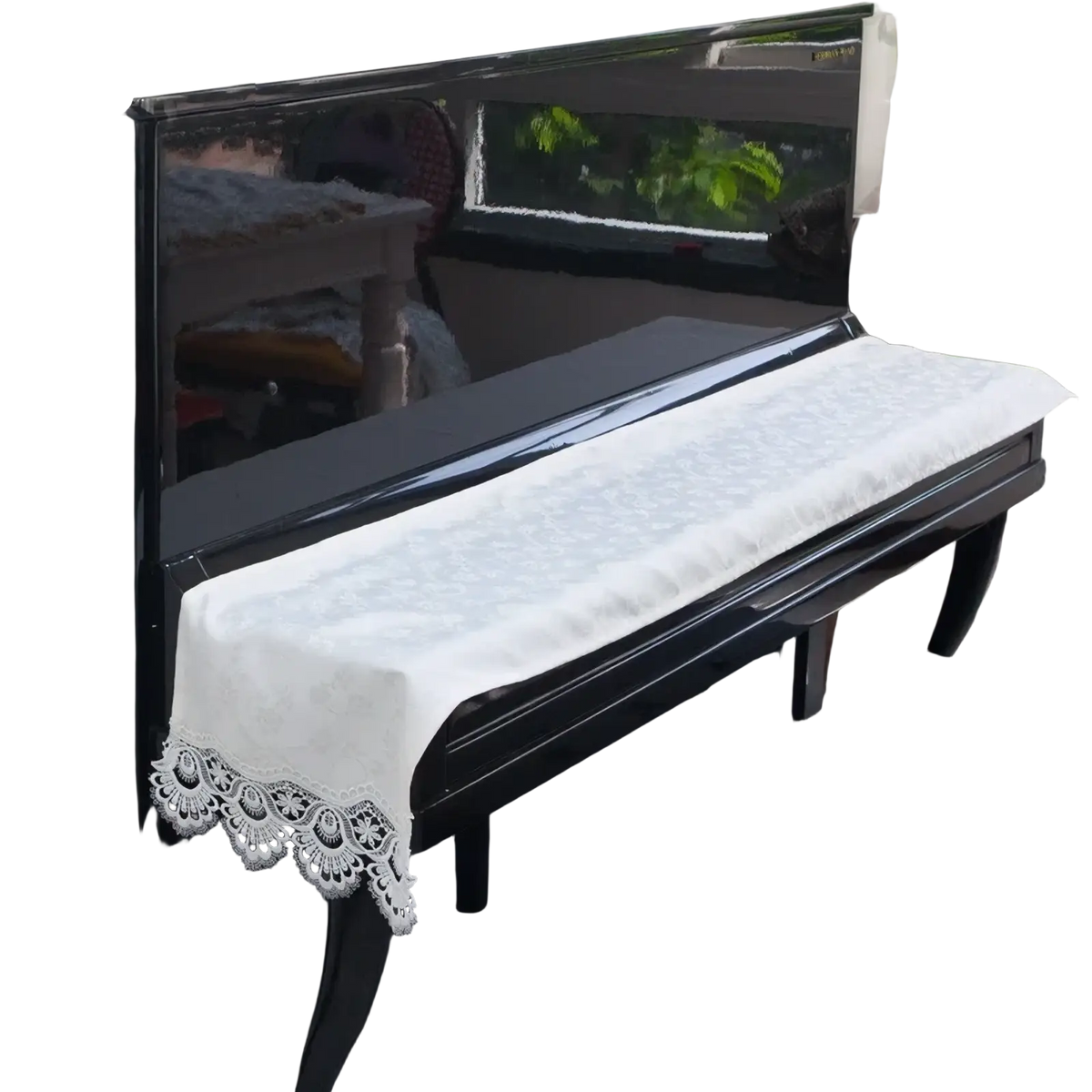 White lace velvet piano keyboard dust cover with delicate floral embroidery and scalloped edge for 88 keys
