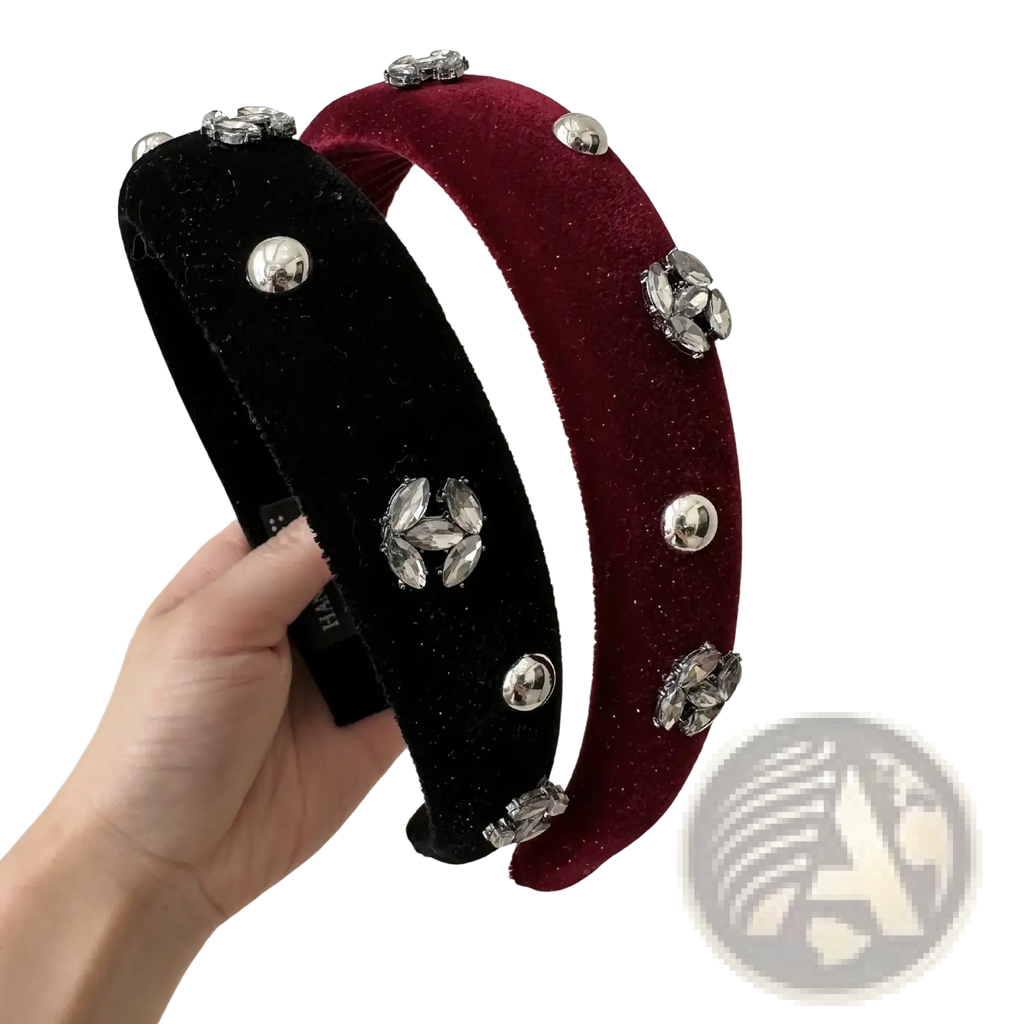 Velvet rhinestone headband for women in black and burgundy velvet with silver crystal flower clusters and metallic studs
