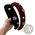 Velvet rhinestone headband for women in black and burgundy velvet with silver crystal flower clusters and metallic studs