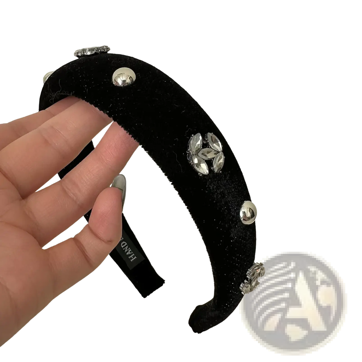 Black velvet rhinestone headband for women with silver crystal and metallic stud embellishments luxury hair hoop